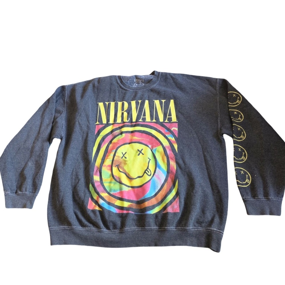 Nirvana Graphic Sweatshirt Charcoal Grey Tie Dye Smiley Face Logo XL